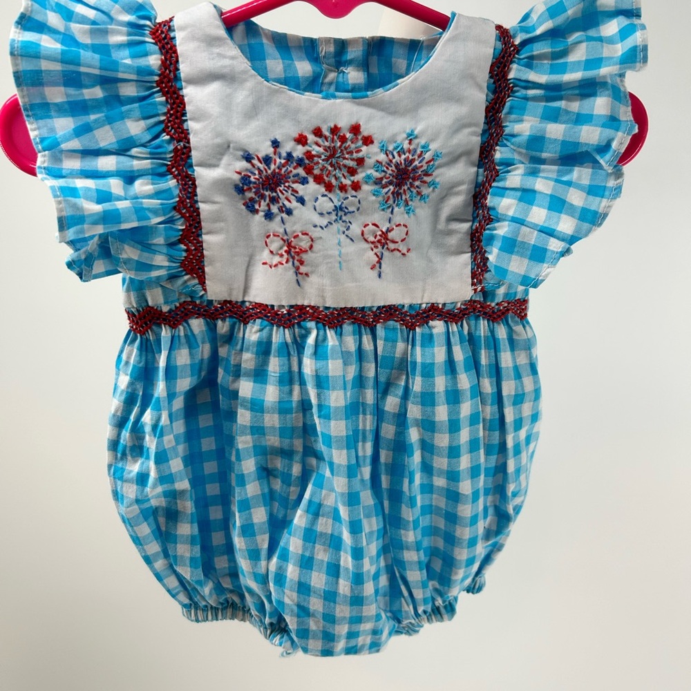 Blue Gingham Baby bubble Romper with Embroidery newborn